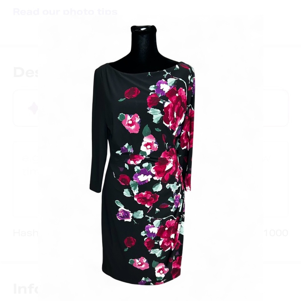RALPH LAUREN Black Floral 3/4 Sleeve Dress 8P, Pullover Ruffle Shirt Stretch